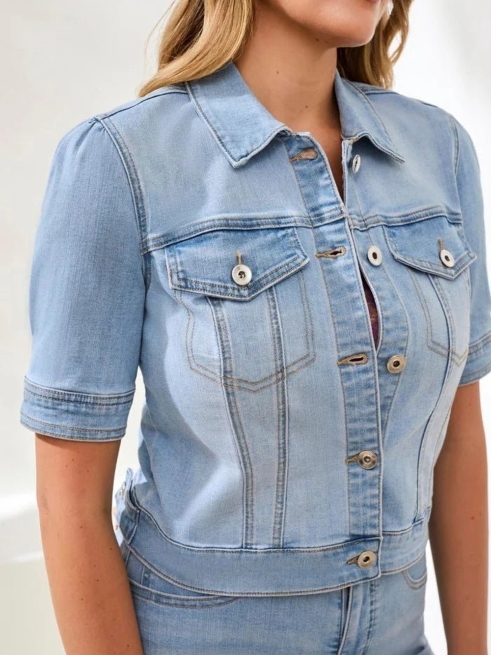 Tribal Jeans Puff Sleeve Cropped Denim Jacket